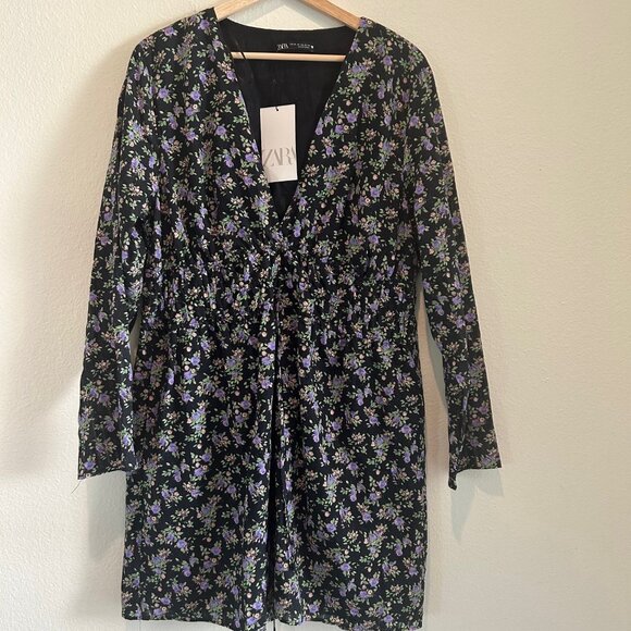 Zara Dress Womens Black Purple Floral Mini Long Sleeve Deep V Cotton Cottage XXL - Picture 6 of 8